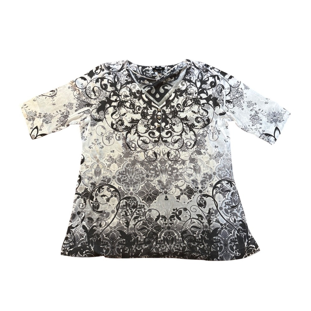 Apt. 9 Blouse Women Gray Black Damask Scroll V-Neck 3/4 Sleeve SIZE XL